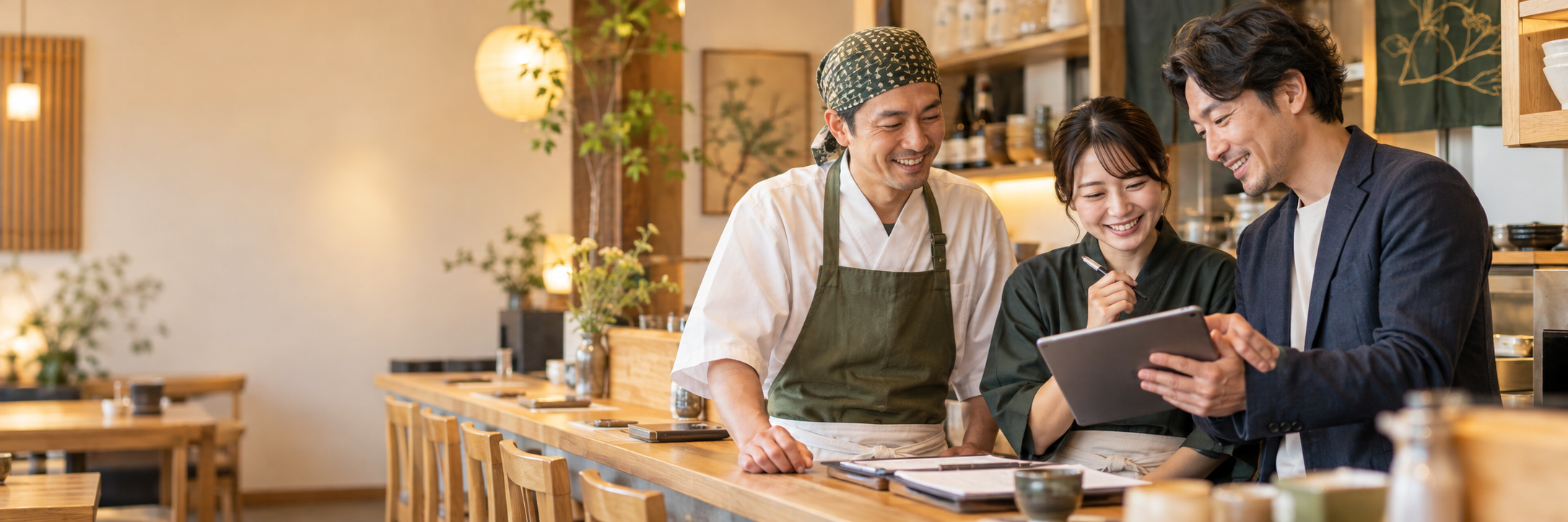 飲食店の店主と支援者が笑顔で相談するAI生成イメージ